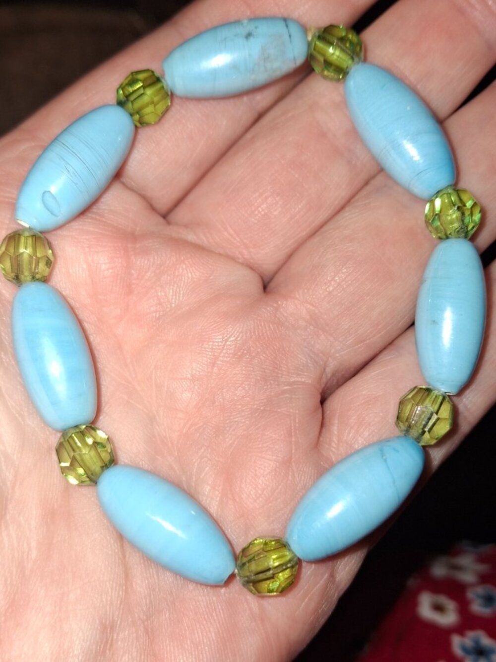 Light Blue art glass Beaded Stretch Bracelet green bead